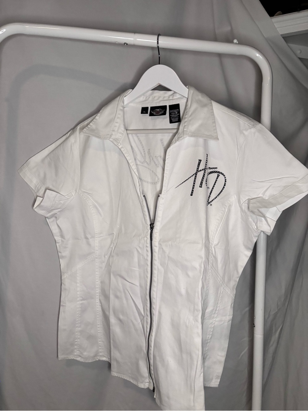 Harley Davidson Affliction White Short Sleeve Zip Shirt with Studded Logo